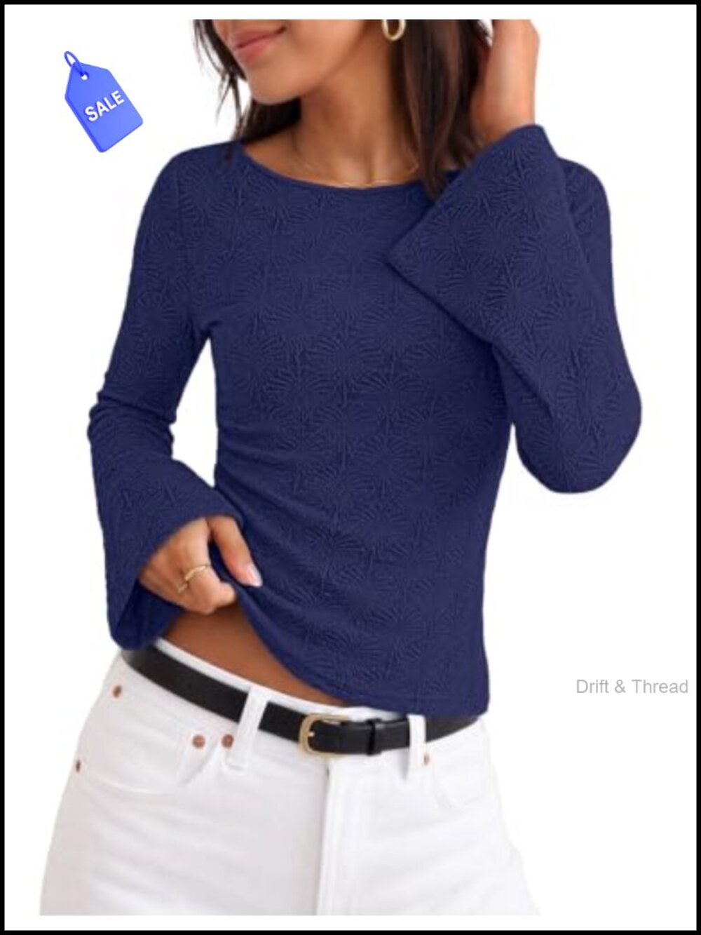 Boat Neck Bell Sleeve Ruched Waist Textured Knit Top
